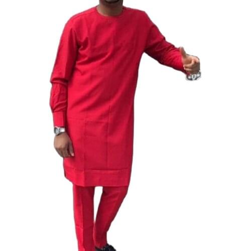 African Fashion Red Tops+Trousers Senator Suits Custom Mens Outfits O Neck Shirts Patch Solid Pants Party Garments