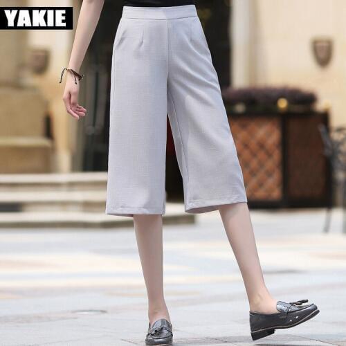 2017 new summer cotton linen wide leg pants women high waist elastic womans pants capri calf length loose female trousers