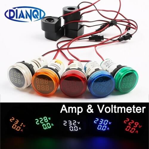 Mini LED Digital Voltmeter 2in1 22mm AC50-500V 0-100A Amp Voltmeter Ammeter Voltage Current Meter Gauge Car Motorcycle Round