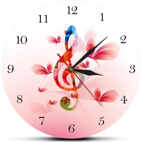 Colorful Music Note with Butterflies Floral Wall Clock Treble Clef Musical Note Printed Round Wall Clock Music Studio Wall Art
