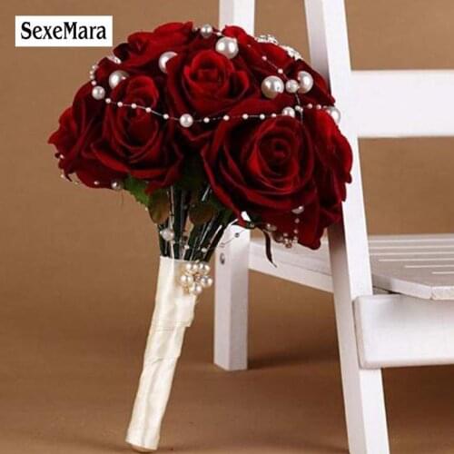 Flowers bridal bouquets Faybox Red Rose Custom Hand Made Artificial Wedding Bouquet Rhinestone Pearl Bridal Bouquet Wedding