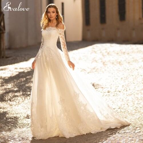 EVALOVE Romantic Boat Neck Button Bride A-Line Wedding Dress 2021 Gorgeous Full Sleeve Appliques Brush Train Custom Bridal Gown