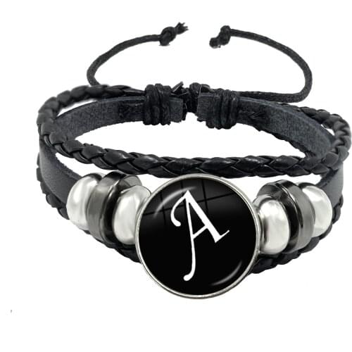 Classic 26 Letters Bracelet Personality Team Name Rope Bracelet Black Leather Bracelet Button Bangle Men Women Birthday Gift