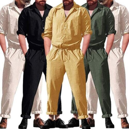 Summer Fashion Long Sleeve Mens Rompers Male Single Breasted Jumpsuit Long Pants Boyfriend Elastic waist Trousers Party Overalls