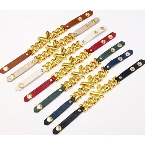 Hot Sale Punk Style V Shape Thick Chain Link Premium PU Leather Bangle&Bracelets For Women