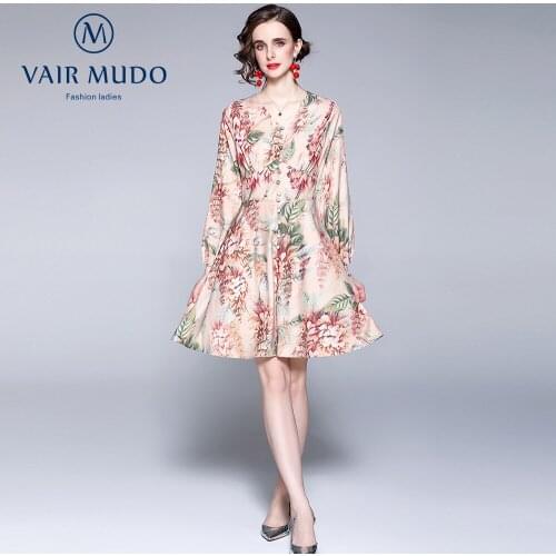 Niche V-neck Dress Women Retro Printed Waist Slim Long Sleeve Cardigan Dress Fashion Elegant Female Dress Women Autumn Y-227