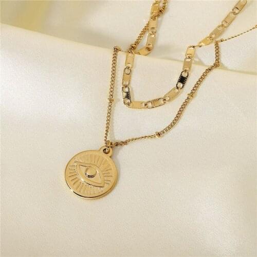 HelloLook Evil Eye Pendant Necklace for Men Women Gold Stainless Steel Double Layer Choker Necklace Fashion Jewelry
