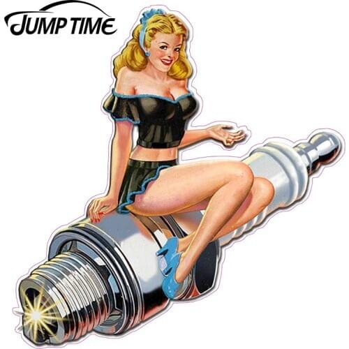 JumpTime 13cm x 12.3cm Sexy Graphics Retro SPARK PLUG PIN UP Pin-Up Girl Car Stickers and Decals Vinyl JDM Car Bumper Decal