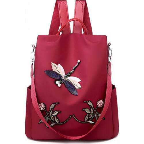 Waterproof Nylon Women Backpack Zipper Oxford School Bags For Girls Dragonfly Flower 3D Embroidered Backpack Female Rucksack