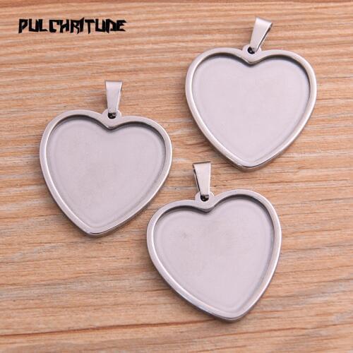 PULCHRITUDE 2pcs 25mm Inner Size Stainless Steel Siver Heart Cabochon Base Setting Diy Blank Pendant Tray For Necklace Making
