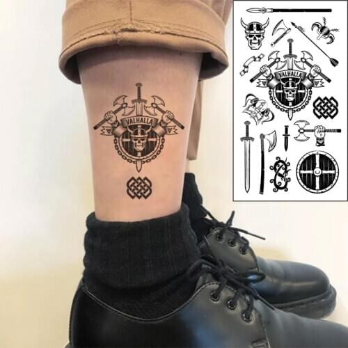 Waterproof Temporary Tattoo Sticker Skull Warrior Totem Dragon Ax Sword Letter Valhalla Flash Tatoo Fake Tatto for Men Women
