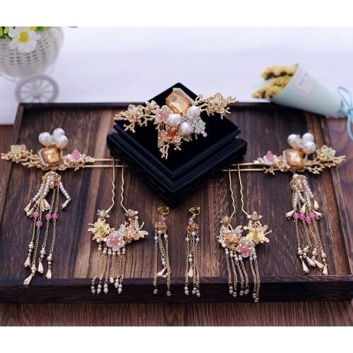 Tassel hairstick comb brides headdress Chinese bridal tiara red antique hair decoration
