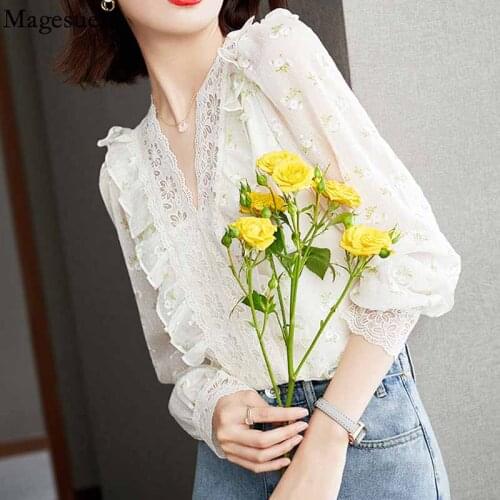 Sweet V Neck Hollow Out Lace Womens Shirt Elegant Printed Floral Ruffle Blouse with Lace Long Sleeve Autumn Casual Tops 16555
