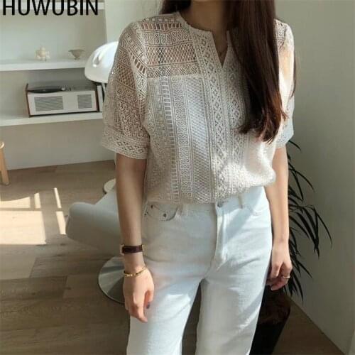 South Korea Dongdamen 2021 Summer Womens Fashion Sweet Delicate Small V-Neck Hollow Out Hook Embroidery Half Sleeve Lace Shirt