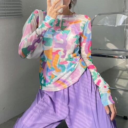 ZCWXM Y2k T Shirts Women Long Sleeve Aesthetic Mesh Tops See Through Translucent Japanese Style Tie Dye Art Print Streetwear