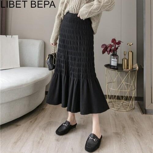 New 2021 Womens Autunm Winter Skirt Knitted Elegant High Waist Fashionable Wild Ruched Vintage Fare Lady Long Skirt SK1534JX