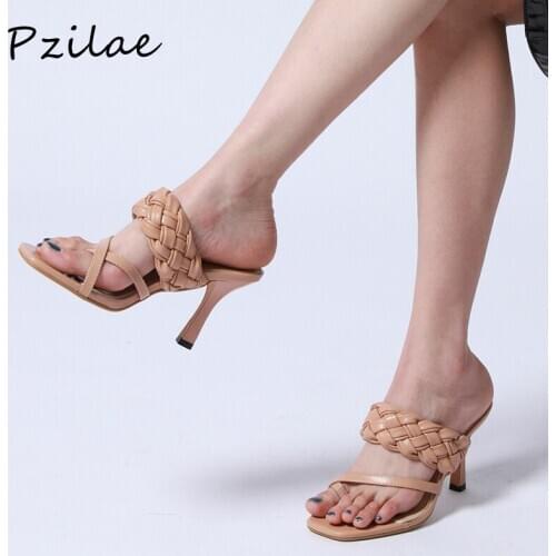 Pzilae Fashion Braided High Heels Sandals Women Runway Party Shoes Woman Weave Mules Shoes Sexy Thin Heel Flip Flops Size 41 42