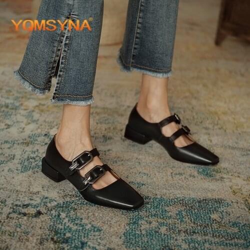 YQMSY Leisure Womens Pumps Genuine Leather Square Heel Square Toe Buckle Strap Pumps Breathable Office Career Ladies Shoes AS40