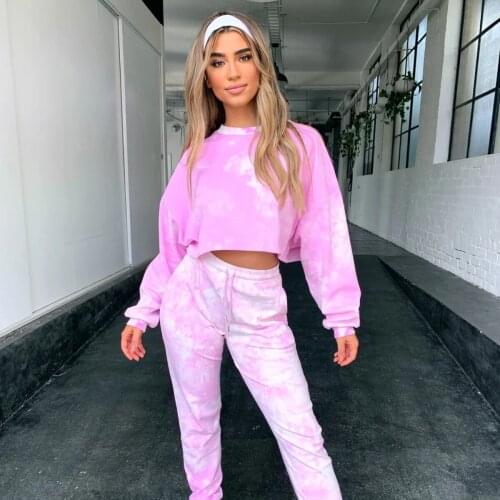 Fashion Tie-dye Long Sleeve Pullover Sweater+Drawstring High Waist Pants Women’s Two Piece Home Clothes