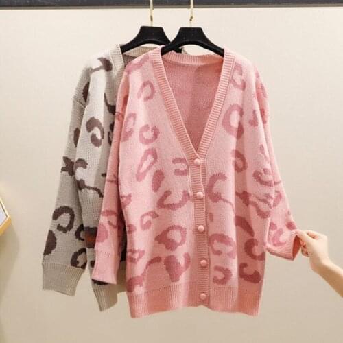 Ladies Sweater Mid Length Net Red Lazy V Neck Knitted Jacket Students Leopard Print Long Sleeve Tops Cardigan For Women Coat