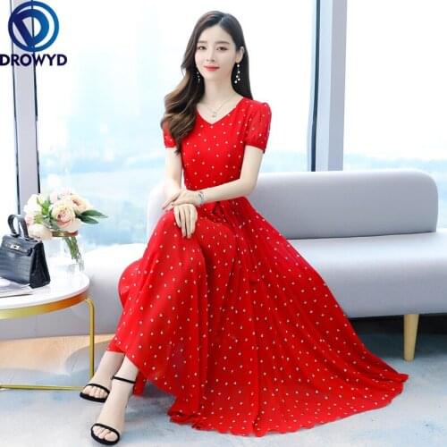 Summer New Elegant Floral Chiffon Beach Dresses 2021 Vintage Red Dot Print Boho Long Dresses Women Bodycon Party Maxi Vestidos
