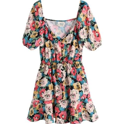 Women V Neck Floral Print Mini Dress Summer Puff Short Sleeve Vintage Dress Female A Line Elastic Waist Chic Dresses