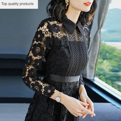 2020 Black Foral Lace Dress Female Long Spring Summer Dresses for Women Office Party Dress Elegant Hollow Out vestidos YQ357