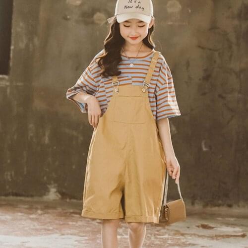 2021 Teens Girl Sets New Summer Children Clothes Striped Tops T-Shirt and Overalls Pants 2 Pcs Set Boutique Kids Clothing Suits