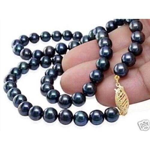 Free shipping@@@@@ A>Charming AAA 7-8mm Black Akoya Cultured Pearl Necklace 18" ZRW4534 a