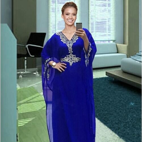 Royal Blue Muslim Evening Dresses A-line V-neck Chiffon Beaded Crystals Moroccan Kaftan Dubai Saudi Arabia Long Prom Dress Gown