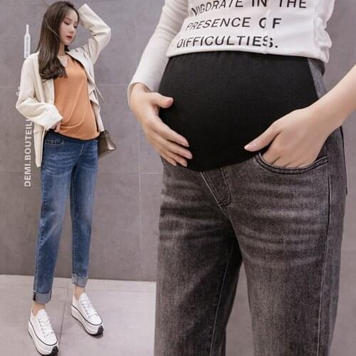 Pregnant womens denim trousers autumn and winter thick section belly lift loose pregnant womens trousers fashion trendy mom pa