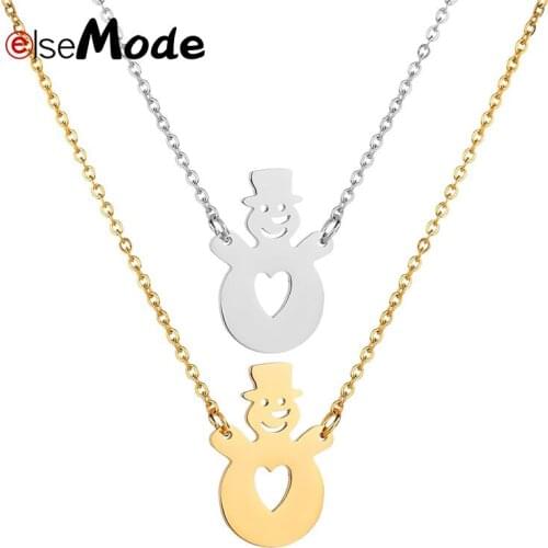 ELSEMODE Christmas Hollow Love heart Snowman Pendant Necklace Stainless Steel Snowflake Sweater Collar Necklaces For Women Men