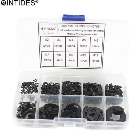 QINTIDES 300pcs/set DIN6799 M2 M3 M4 M5 M6 M7 M8 M9 M10 M12 Stainless Steel Circlip Retainer E-type Buckle-shaped Split Washer