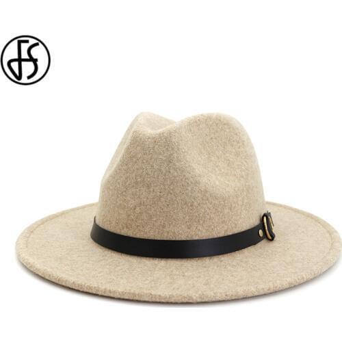 FS Beige White Wool Jazz Fedora Hat For Women Wide Brim Mens Hats Gentleman Felt Church Godfather Trilby Caps Chapeu Feminino