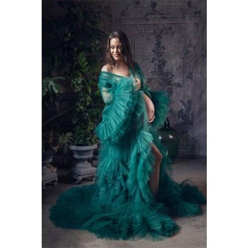Deep V Neck Materity Gown Tulle Floor Length Long Tiered Ruffles Sleeve Bathrobe Designed For Photo Party Evening Prom Lingerie