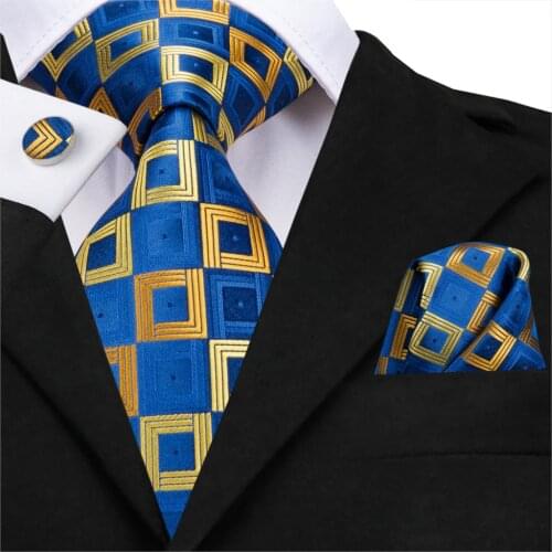 Hi-Tie Men Plaid Ties Blue Silk Checked Tie Set Pocket Square Cufflinks Business Wedding Tie Gift for Father Formal Wholesale