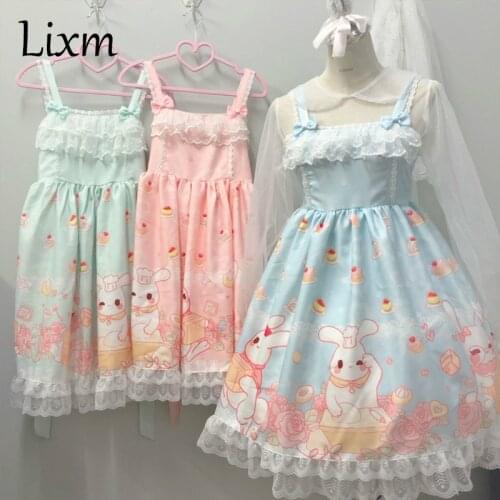 Kawaii Japanese soft sister Lolita daily dress jsk strap dress female cute rabbit rose Lolita dress cute