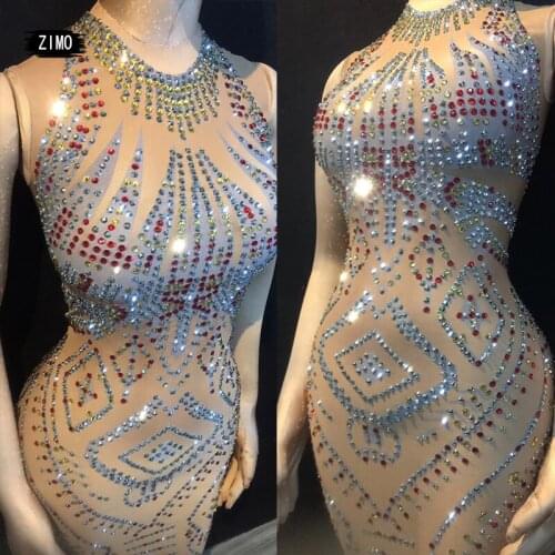 Club Party Women Singer Rhinestone Dress Sexy Bar Stage Dance Costume Tight Stretch Dress Birthday Prom Performance Costume Show