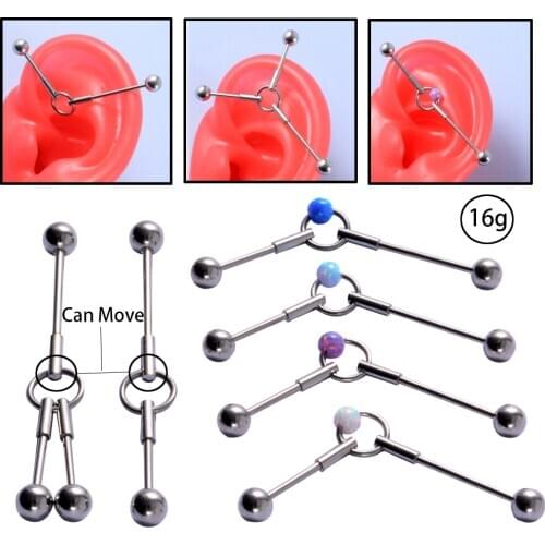 1Piece Opal Ball Industrial Barbell Ring Surgical Steel Can Move Cartilage Earring Helix Stud Piercing Jewelry Oreja Ring 16g