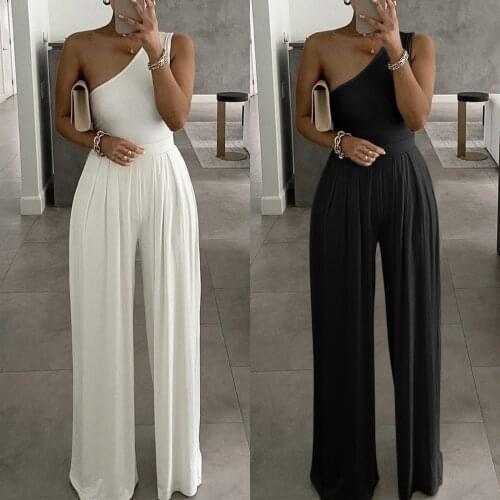 One Shoulder Jumpsuits Women Solid Color Cold Shoulder Asymmetrical Loose Long Jumpsuit Wide Pants Monos Combinaison Femme