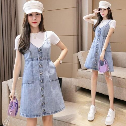 Single breasted slim casual T - shirt + suspenders skirt denim dress two sets