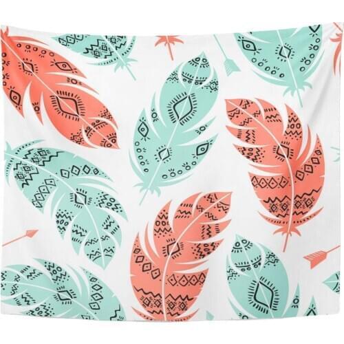 Coral Colorful Dream Feather Pattern White Catcher Mint Abstract Motifs Home Decor Tapestry Wall Hanging for Living Room Bedroom