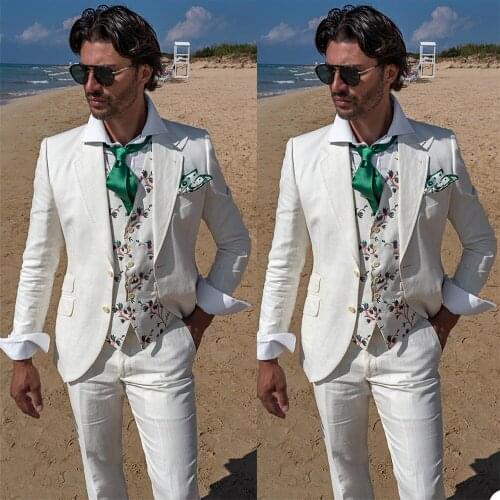 Summer Fashion Men Tuxedos Custom Made Notched Lapel Pocket Blazer Beach Party Prom Wedding Coat 2 Pieces Set