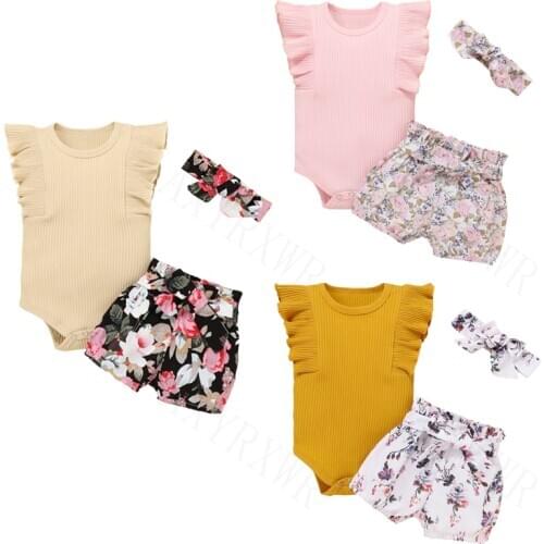 Summer Newborn Baby Girls Clothes Ruffles Sleeveless Knitted Bodysuits Tops+Floral Print Bowknot Shorts+Headband Cotton Outfits