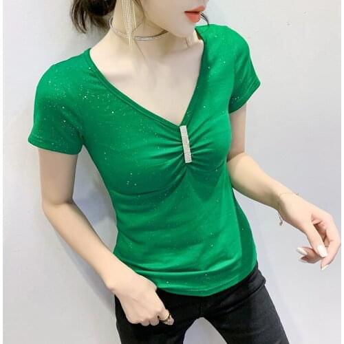 Summer Casual T-shirt Fashion Solid color V-neck Short sleeve Top Women T Shirt Plus Size M-3XL