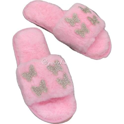 Custom Hot Sales Winter Warm Fluffy Flexible Suede Sole Imitated Lamb Fur Slippers for Women