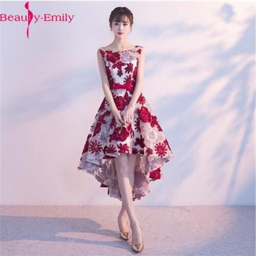 Fashion Hi Low Evening Dresses Appliques A-Line O Neck Sleeveless Tulle Elegant Burgundy Formal Party Dresses