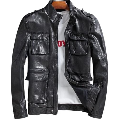 Mens Genuine Leather Clothes Slim-Fit Handsome Motorcycle Clothing Jacket Men Short Stand Collar Sheepskin Coat