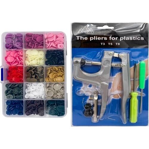 U Shape Fastener Snap Pliers KAM Button + 150 set T5 Plastic Resin Snap Button Press Stud Cloth Button Press Machine Sewing Tool