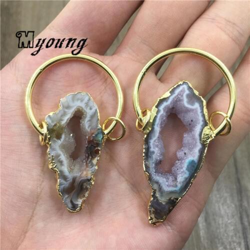 Natural Agates Geode Slice Pendants,Rough Agat Quartz Druzy Charms With Plated Finish loop For DIY Jewelry MY2003